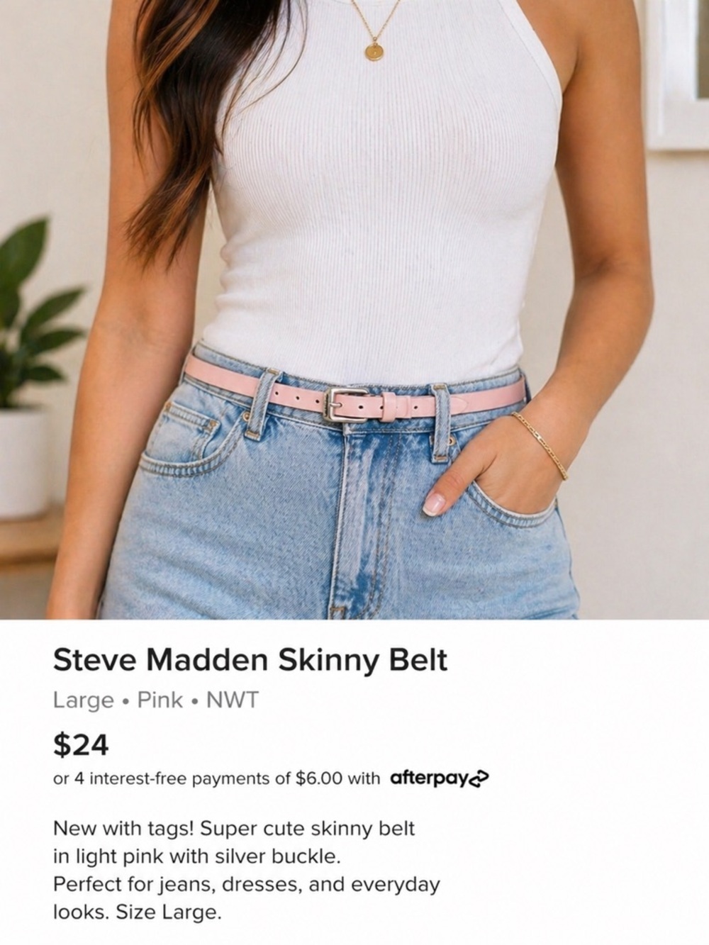 Steve Madden Skinny Pink Leather Belt Silver Buckle NWT Women’s Large